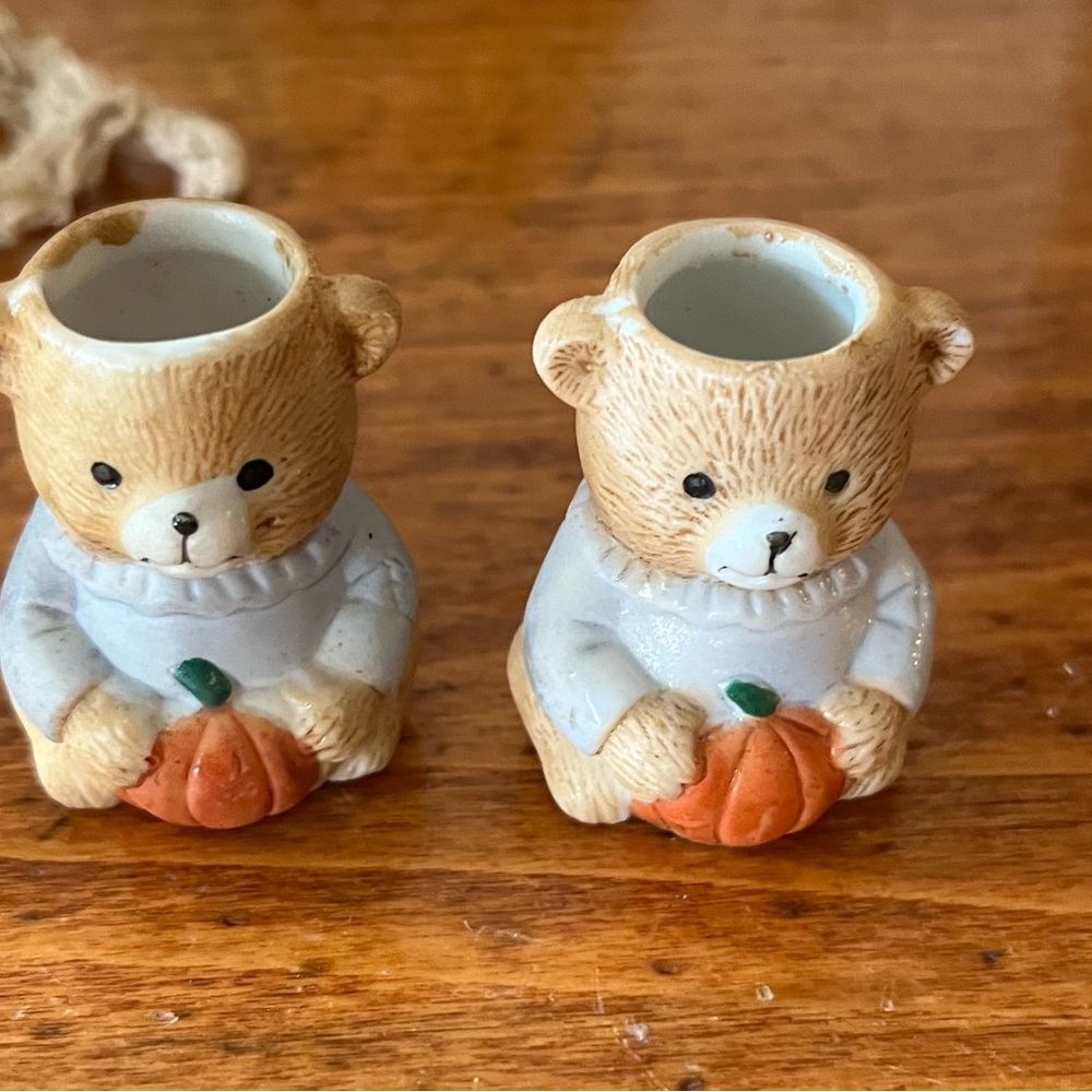 Russ Bear Candle Holders with Pumpkin Accents